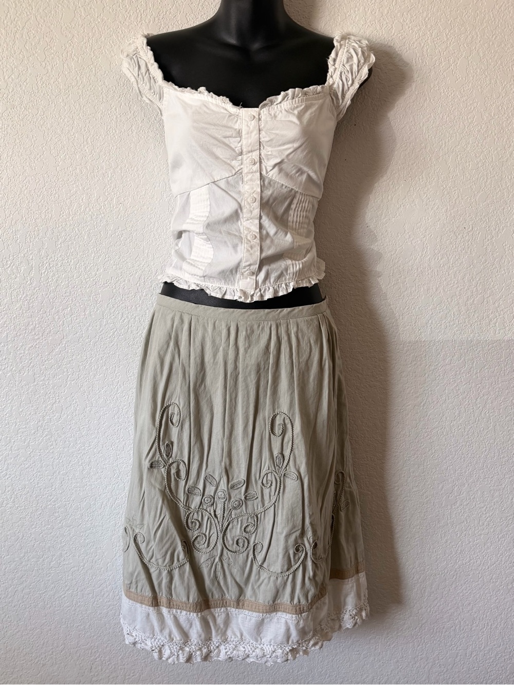 Vintage Fairycore Embroidered Lace Trim Midi Skirt
